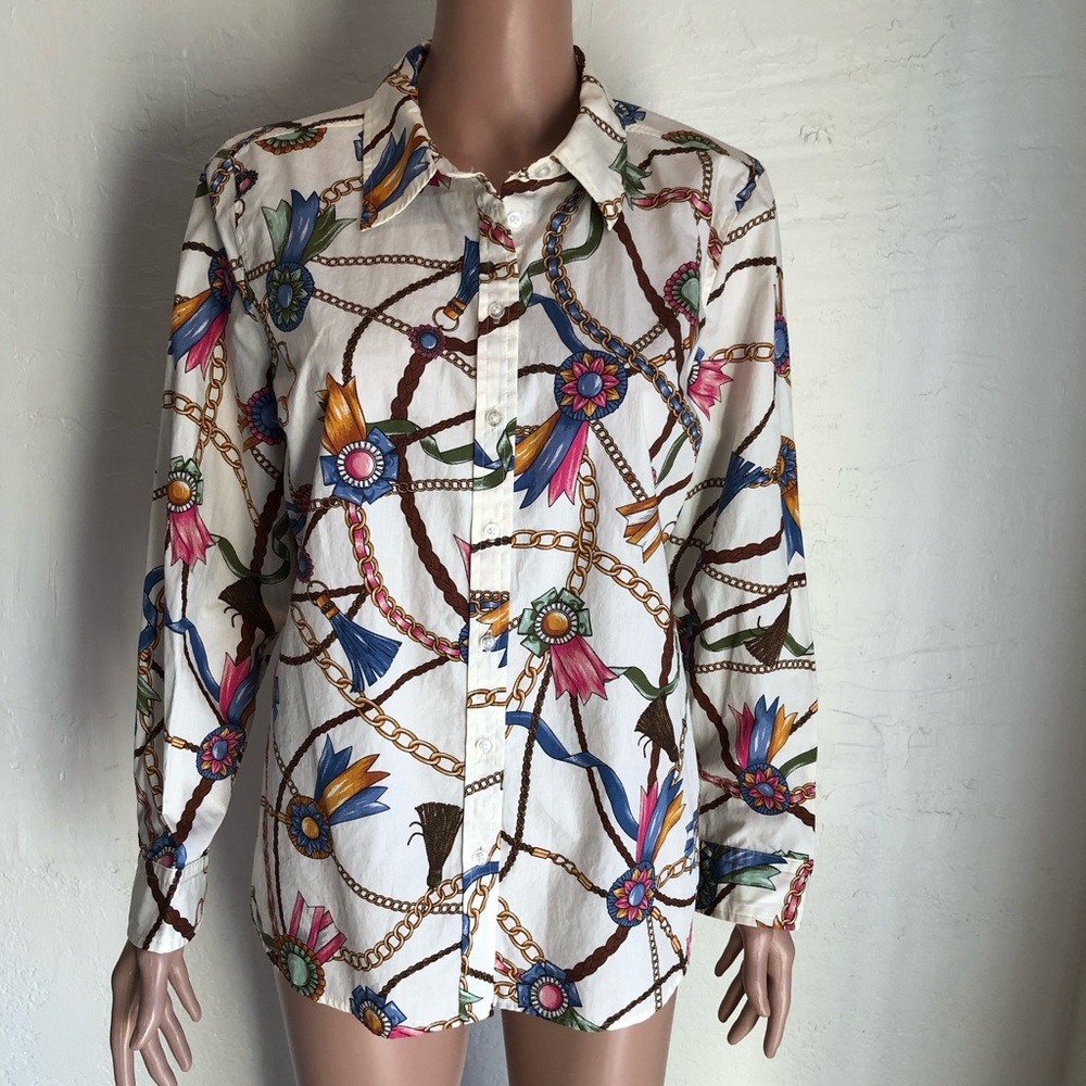 Talbots Petite Women’s Size LP Multicolored Floral Blouse Links & Ribbons Shirt